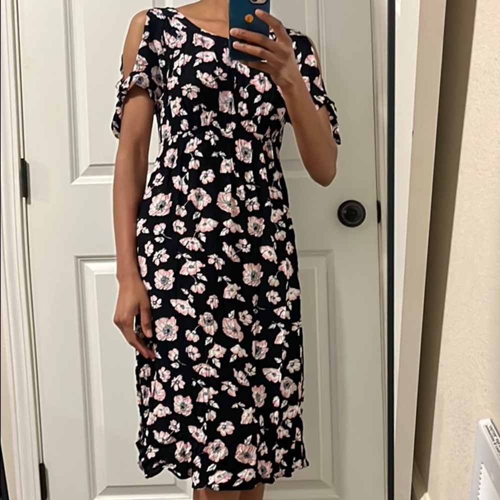 Mimi Maternity Black and Pink Cold Shoulder Sundress